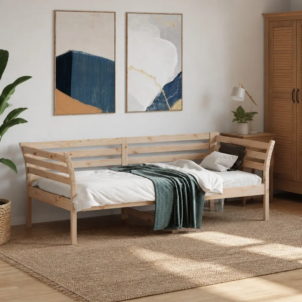 Day Bed Frame Brown 90x190 cm Solid Pine Wood with Safety Guardrails