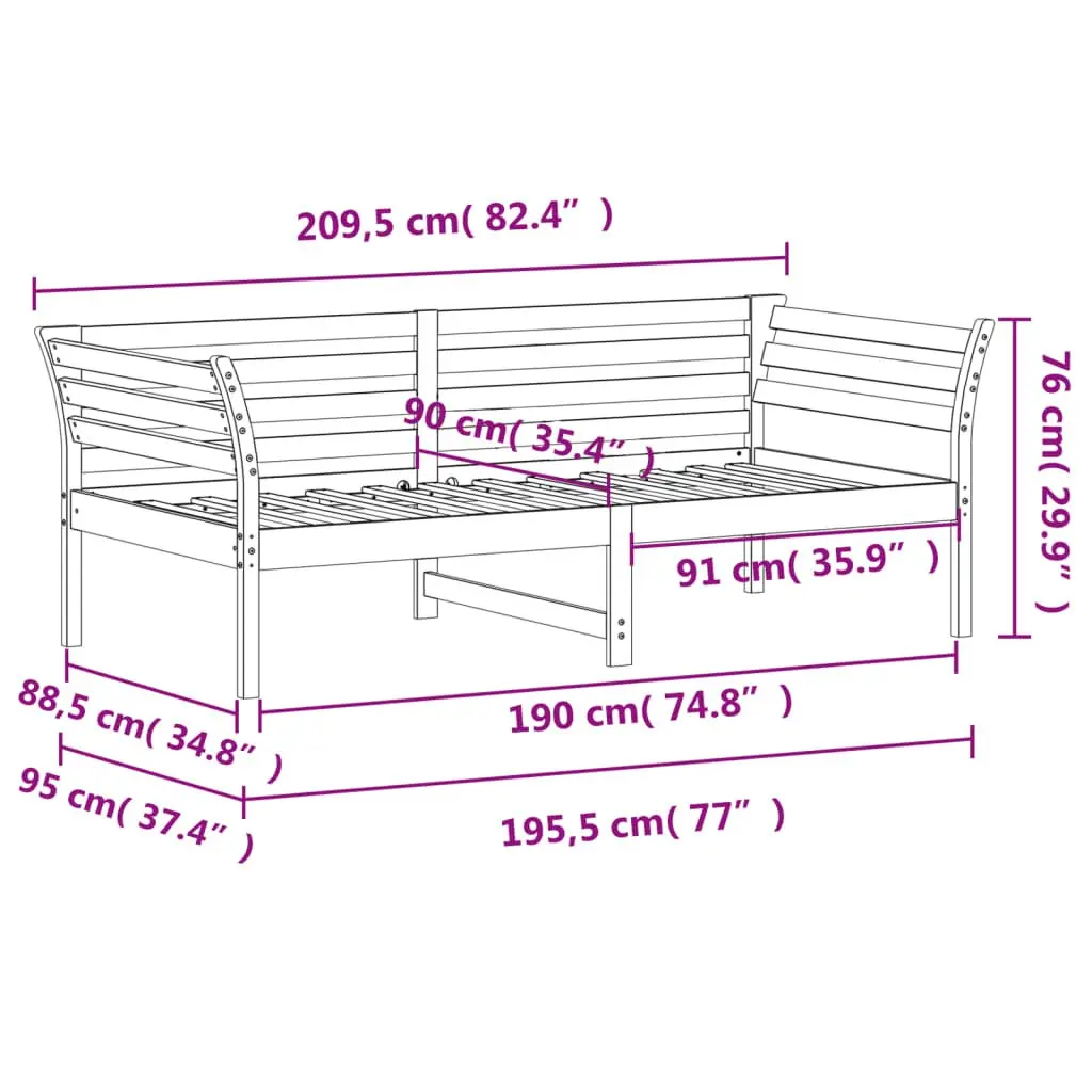 Day Bed Frame Brown 90x190 cm Solid Pine Wood with Safety Guardrails