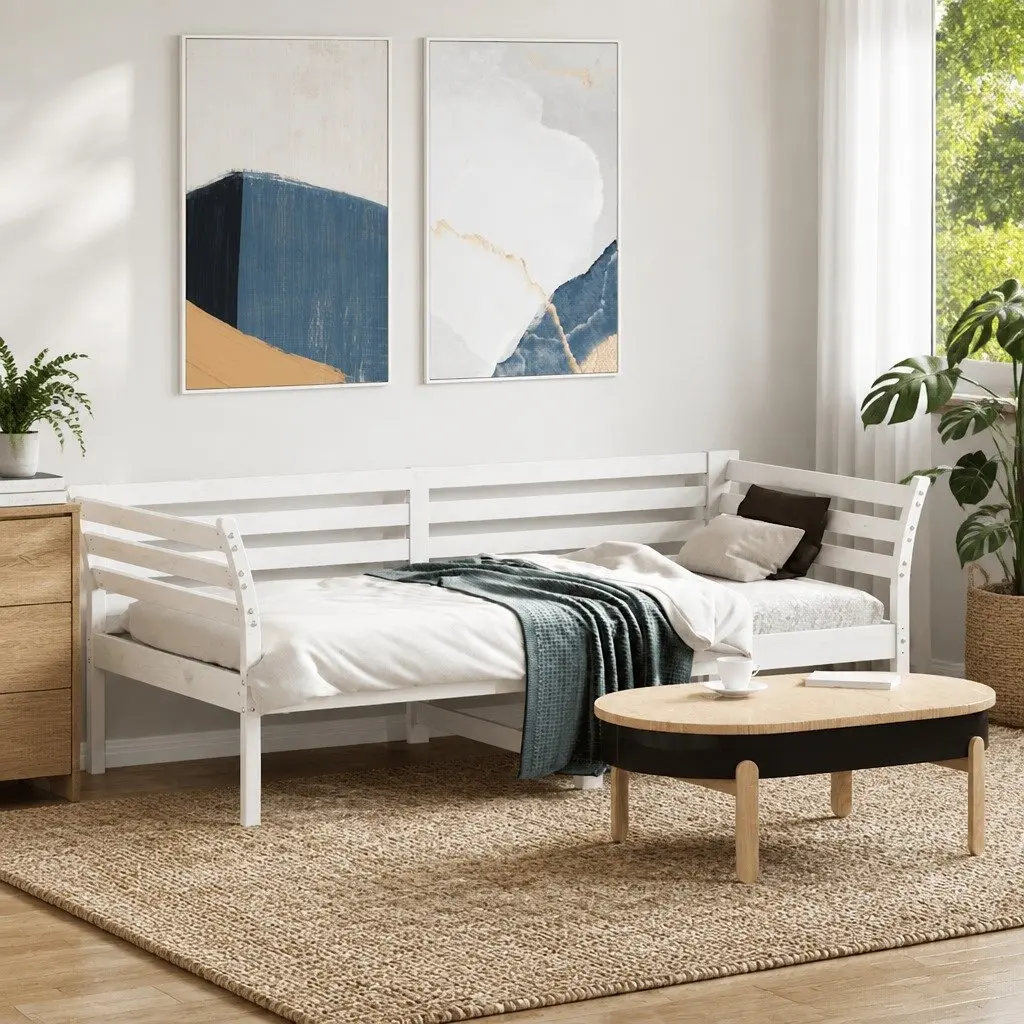 Solid Pine Wood Day Bed White 90x190 cm Sofa Bed with Slatted Base and Guardrails