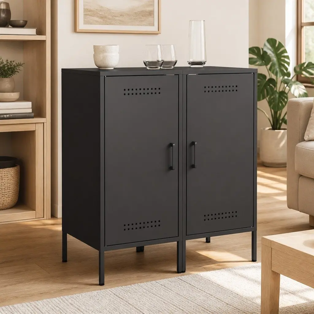Industrial Style Storage Cabinets Black Set of 2 Sturdy Cold Rolled Steel 36Wx39Dx79H cm Adjustable Feet for Living Room or Bedroom