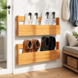 Wall-Mounted Shoe Rack 2 Pieces Solid Pine Wood Organizer Storage Brown