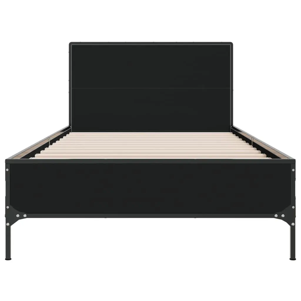Bed Frame Black 90x190 cm Engineered Wood Metal Legs Plywood Slats Headboard