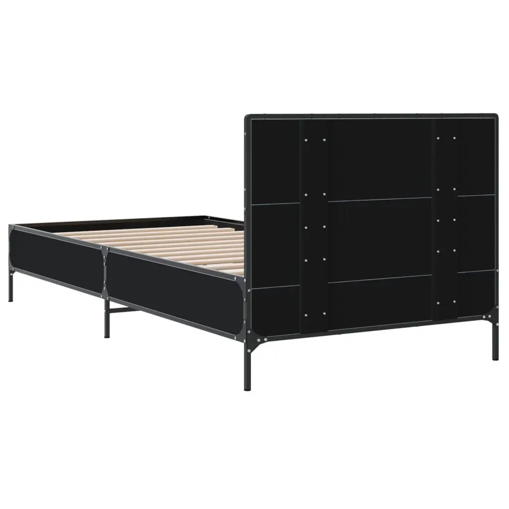 Bed Frame Black 90x190 cm Engineered Wood Metal Legs Plywood Slats Headboard