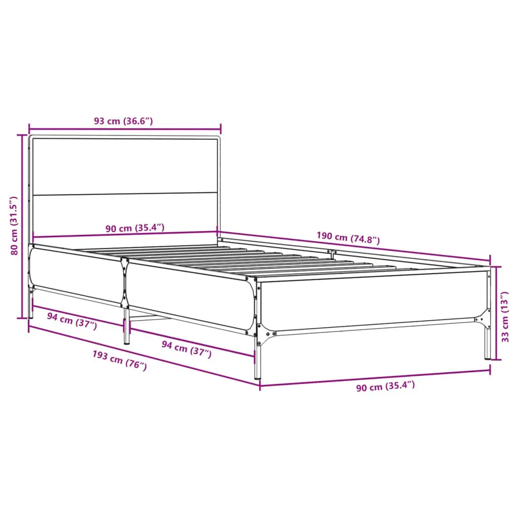 Bed Frame Black 90x190 cm Engineered Wood Metal Legs Plywood Slats Headboard