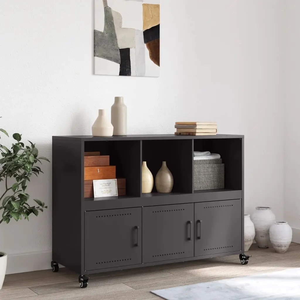 Sideboard Black Storage Cabinet with Wheels Durable Steel Construction for Living Room Hallway