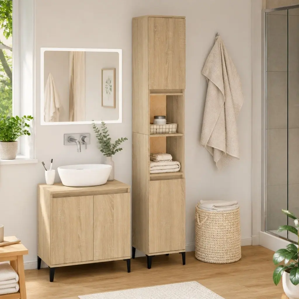 Bathroom Cabinet Brown Sonoma Oak 30x30x190cm Tall Storage Unit with Shelves Doors
