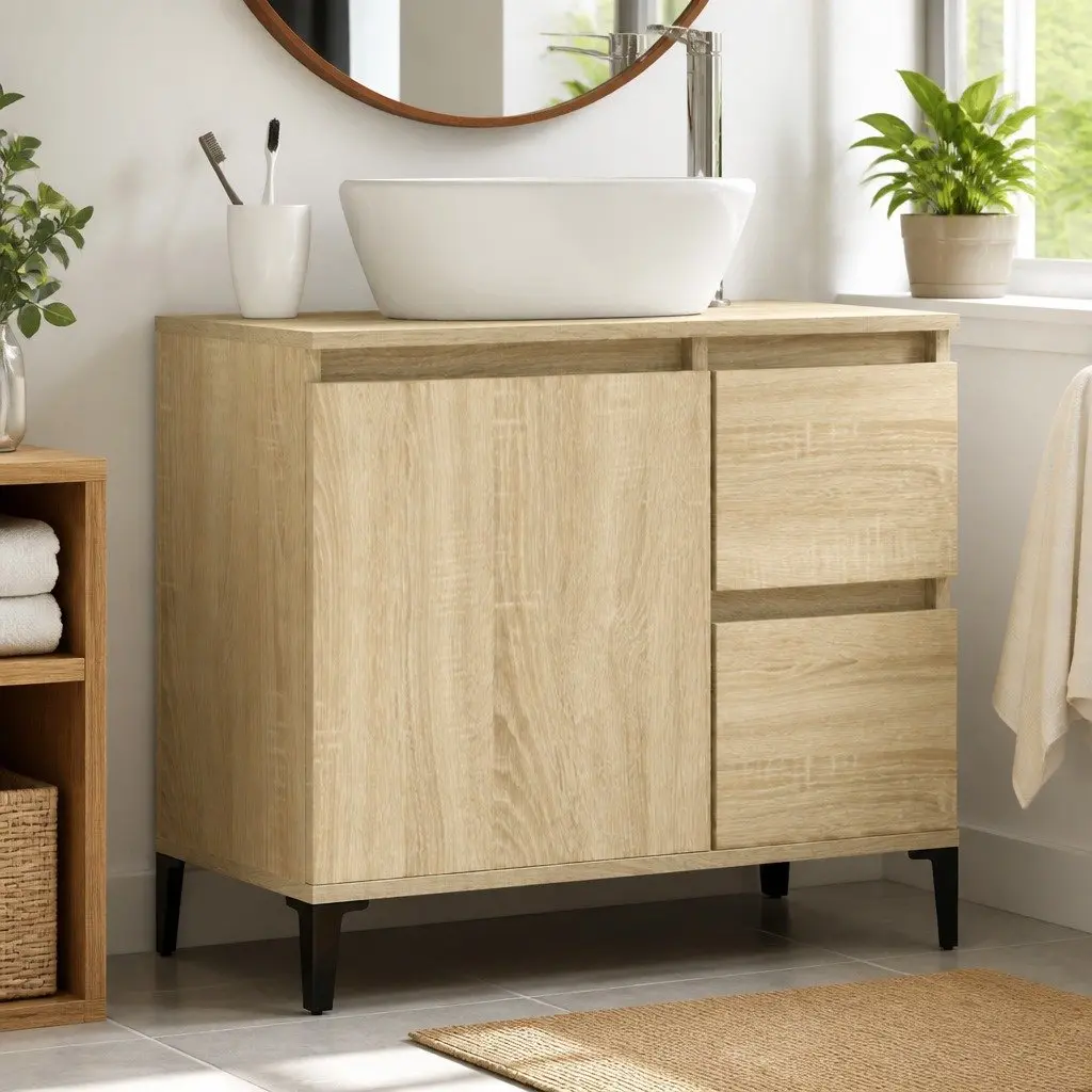 Bathroom Vanity Cabinet Storage Unit Brown Engineered Wood 65x33x60cm