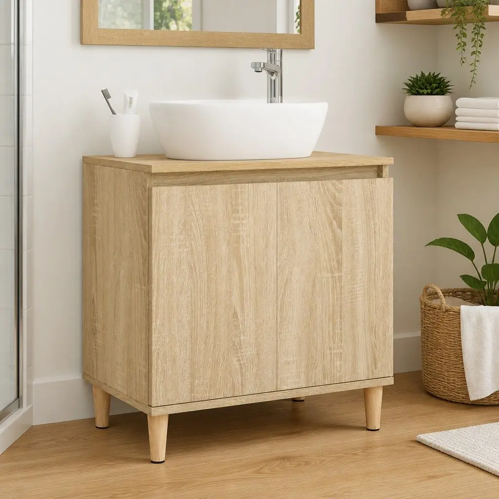 Bathroom Vanity Sink Cabinet Brown 58x33x60 cm Under-Sink Storage Unit with Hinged Doors and Wooden Feet