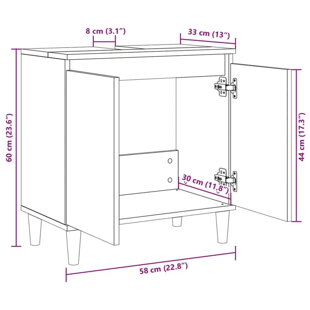 Bathroom Vanity Sink Cabinet Brown 58x33x60 cm Under-Sink Storage Unit with Hinged Doors and Wooden Feet