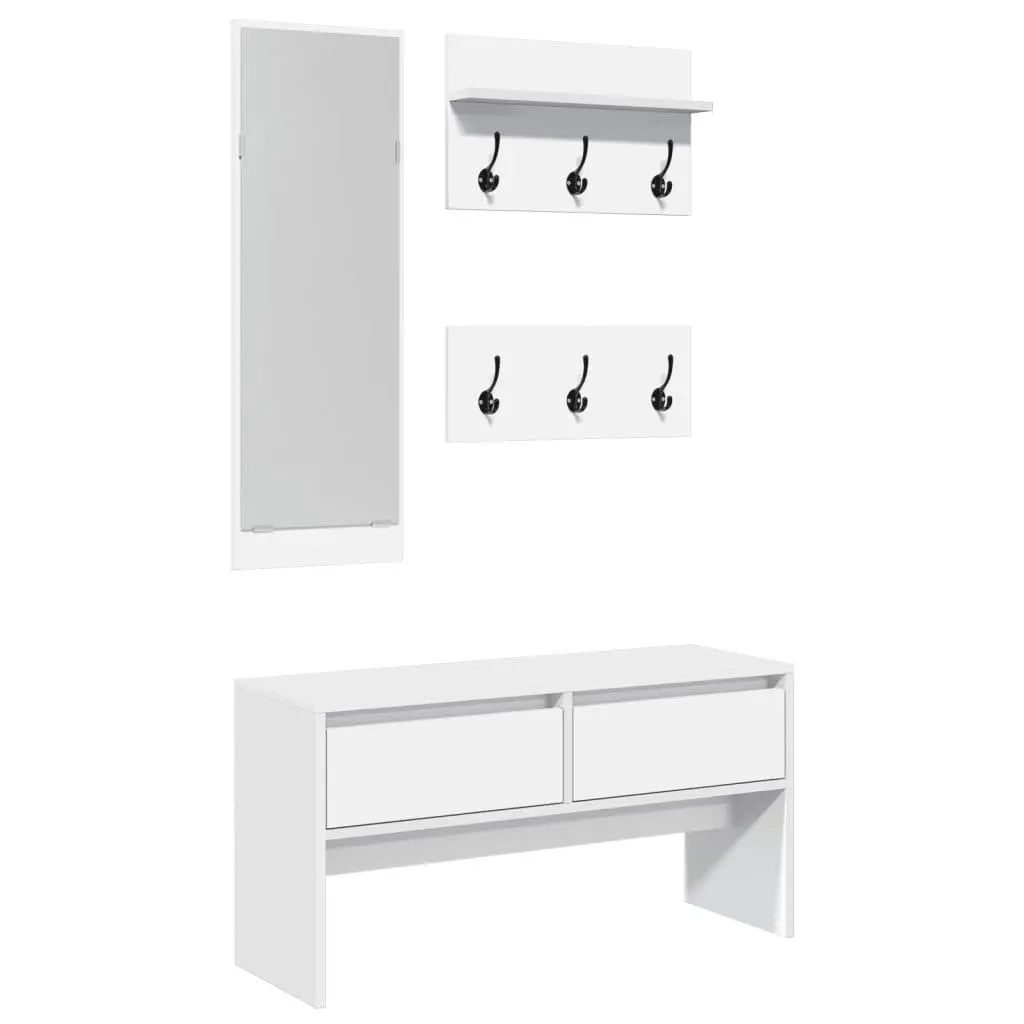 4 Piece Hallway Furniture Set White Storage Bench Shoe Cabinet Mirror Coat Racks