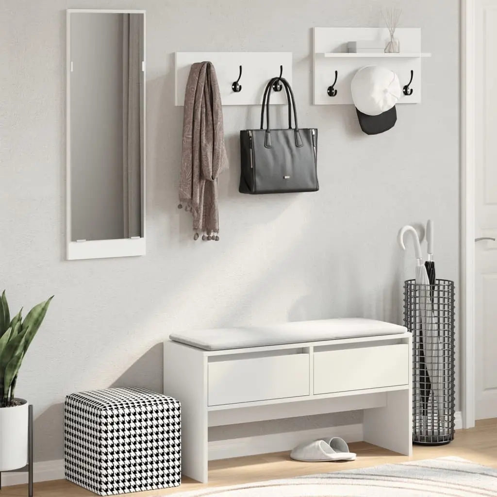 4 Piece Hallway Furniture Set White Storage Bench Shoe Cabinet Mirror Coat Racks