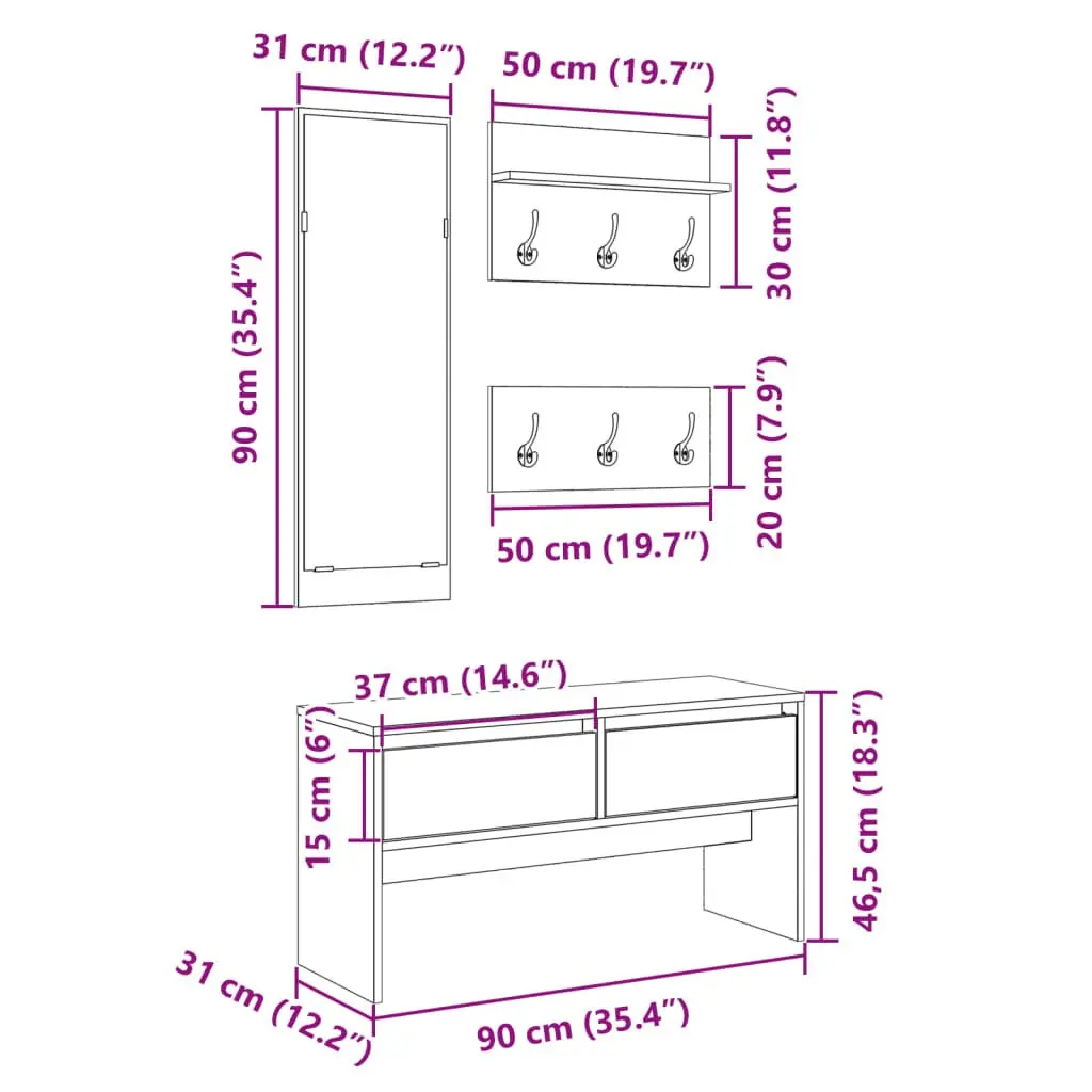 4 Piece Hallway Furniture Set White Storage Bench Shoe Cabinet Mirror Coat Racks