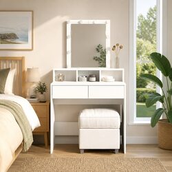 Dressing Table with LED Mirror White Bedroom Vanity Storage Drawers Compartments