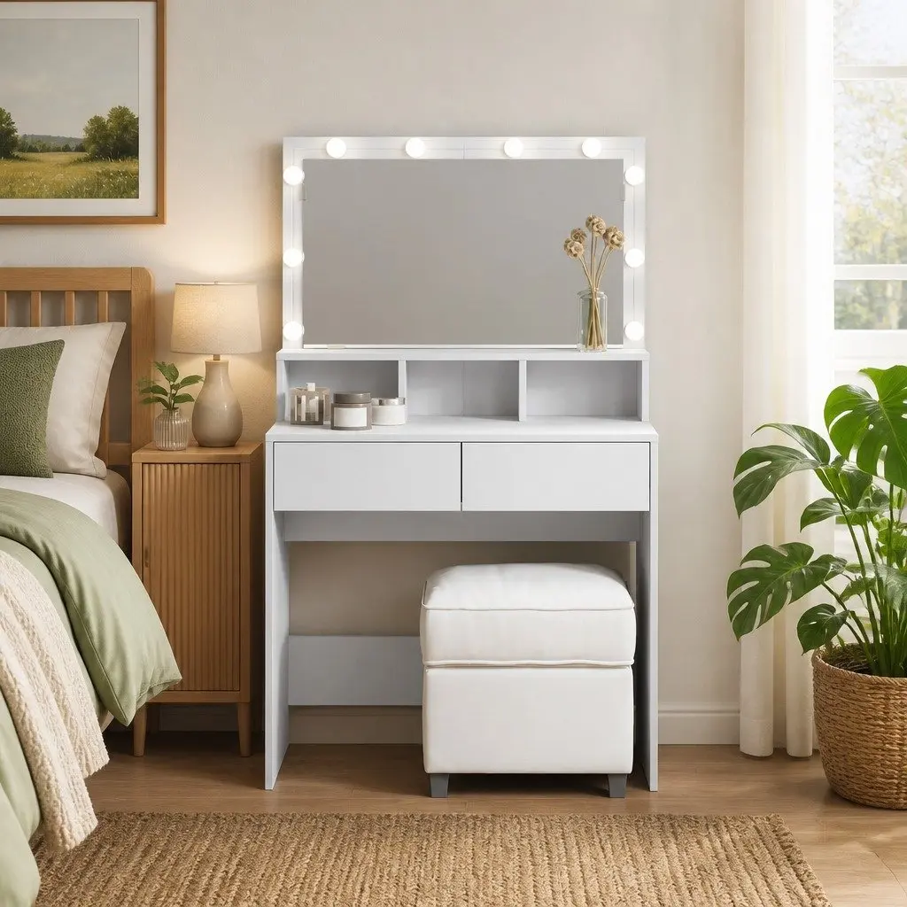 Dressing Table White LED Mirror Storage Drawers 2 Drawers 3 Compartments