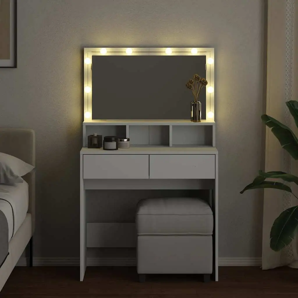 Dressing Table White LED Mirror Storage Drawers 2 Drawers 3 Compartments