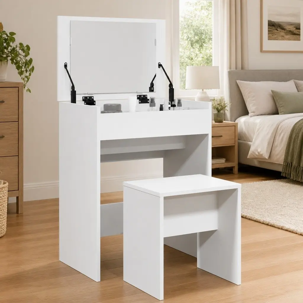 White Vanity Table with Mirror and Stool Engineered Wood Makeup Storage 60x40x113.5cm