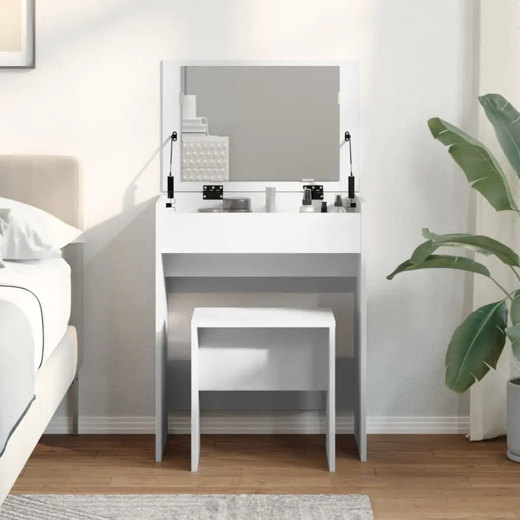 White Vanity Table with Mirror and Stool Engineered Wood Makeup Storage 60x40x113.5cm