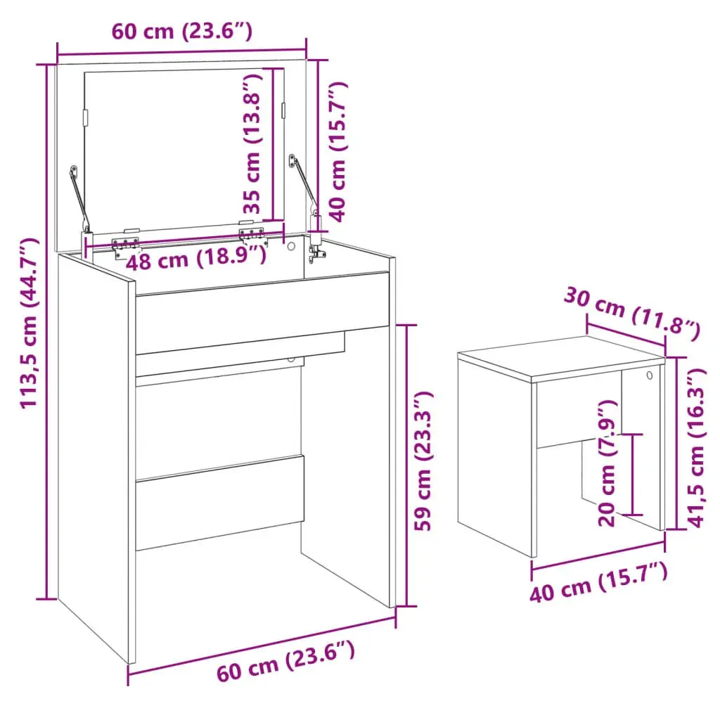 White Vanity Table with Mirror and Stool Engineered Wood Makeup Storage 60x40x113.5cm