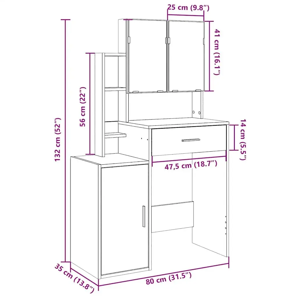 Dressing Table White 80 x 35 x 132 cm with Mirror and Storage Drawer