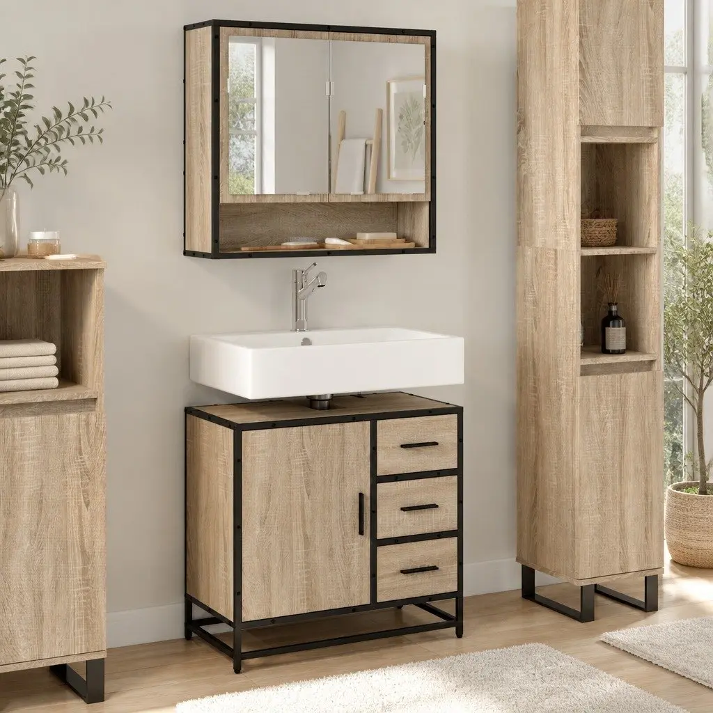 Bathroom Sink Cabinet Brown Engineered Wood Vanity Unit 65x33x60 cm Pre-Drilled Sink Hole