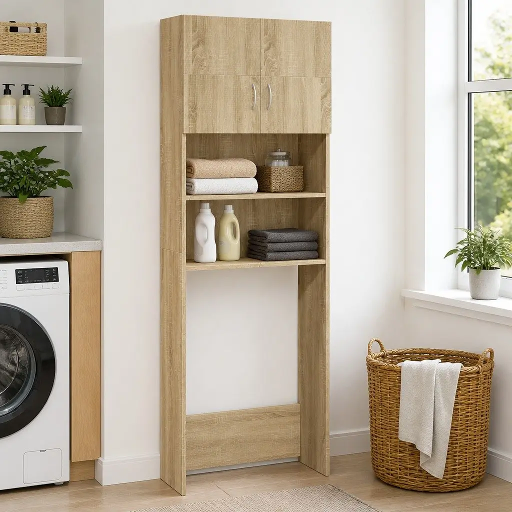 Sonoma Oak Washing Machine Cabinet Storage Unit with Doors and Shelves for Bathroom and Laundry Room 64x25.5x190cm
