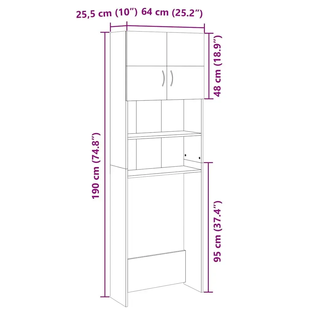 Sonoma Oak Washing Machine Cabinet Storage Unit with Doors and Shelves for Bathroom and Laundry Room 64x25.5x190cm