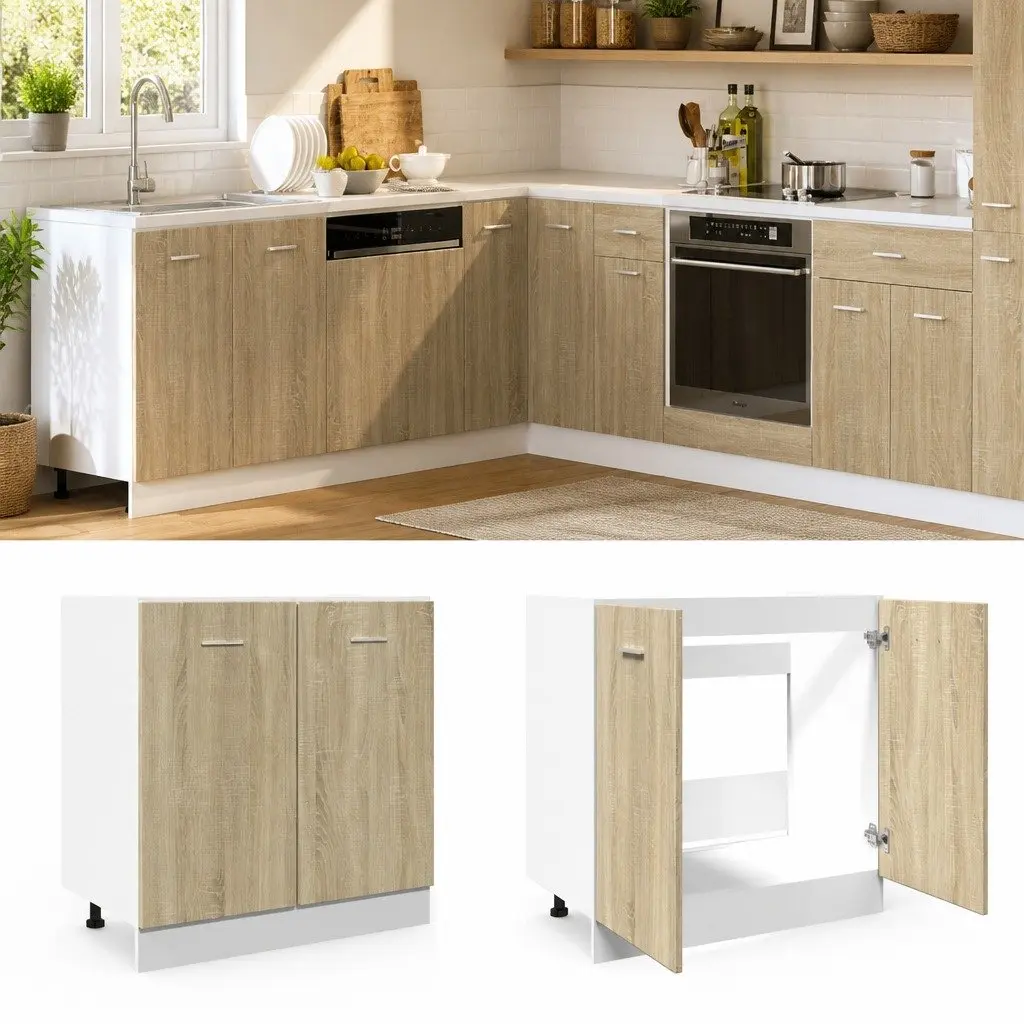 Bottom Kitchen Cabinet Brown Sonoma Oak Engineered Wood Two Door Storage Unit with Internal Shelving