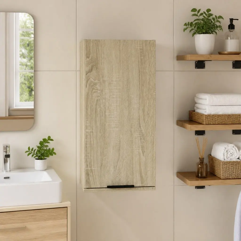 Bathroom Cabinet Brown Sonoma Oak Wall-Mounted Storage Unit 1 Door 2 Compartments