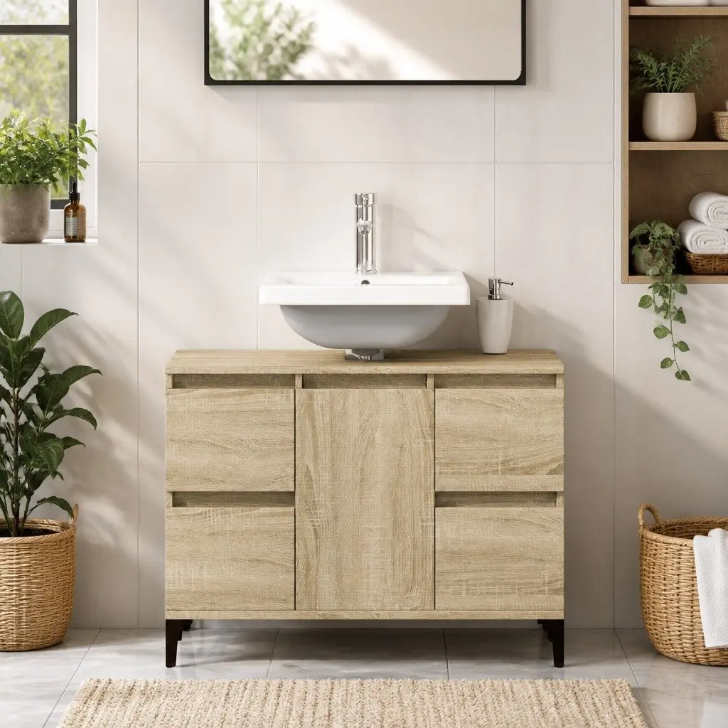 Bathroom Sink Cabinet Brown Engineered Wood 4 Drawers 1 Door Compartment