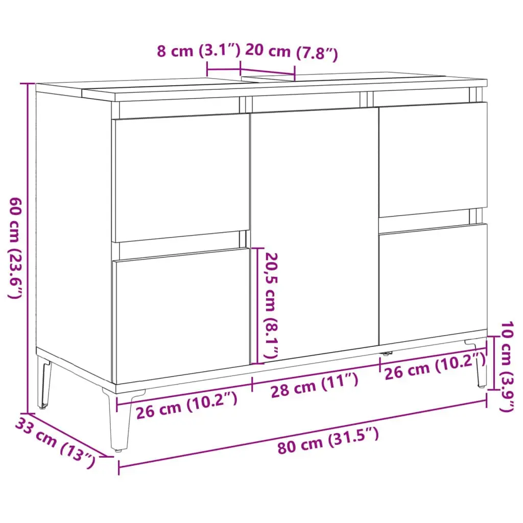 Bathroom Sink Cabinet Brown Engineered Wood 4 Drawers 1 Door Compartment