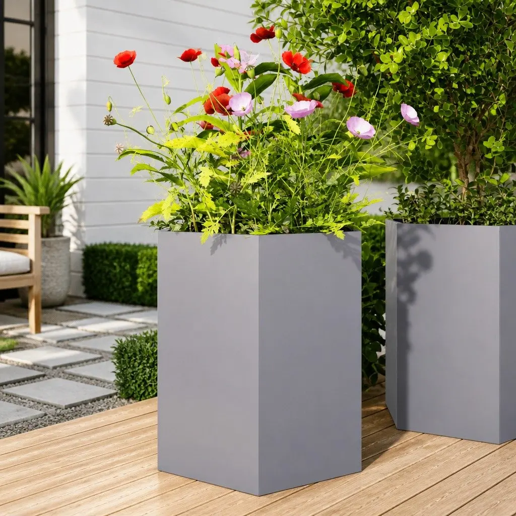 Hexagon Garden Planters Silver 2 pcs Galvanized Steel Outdoor Raised Flower Bed