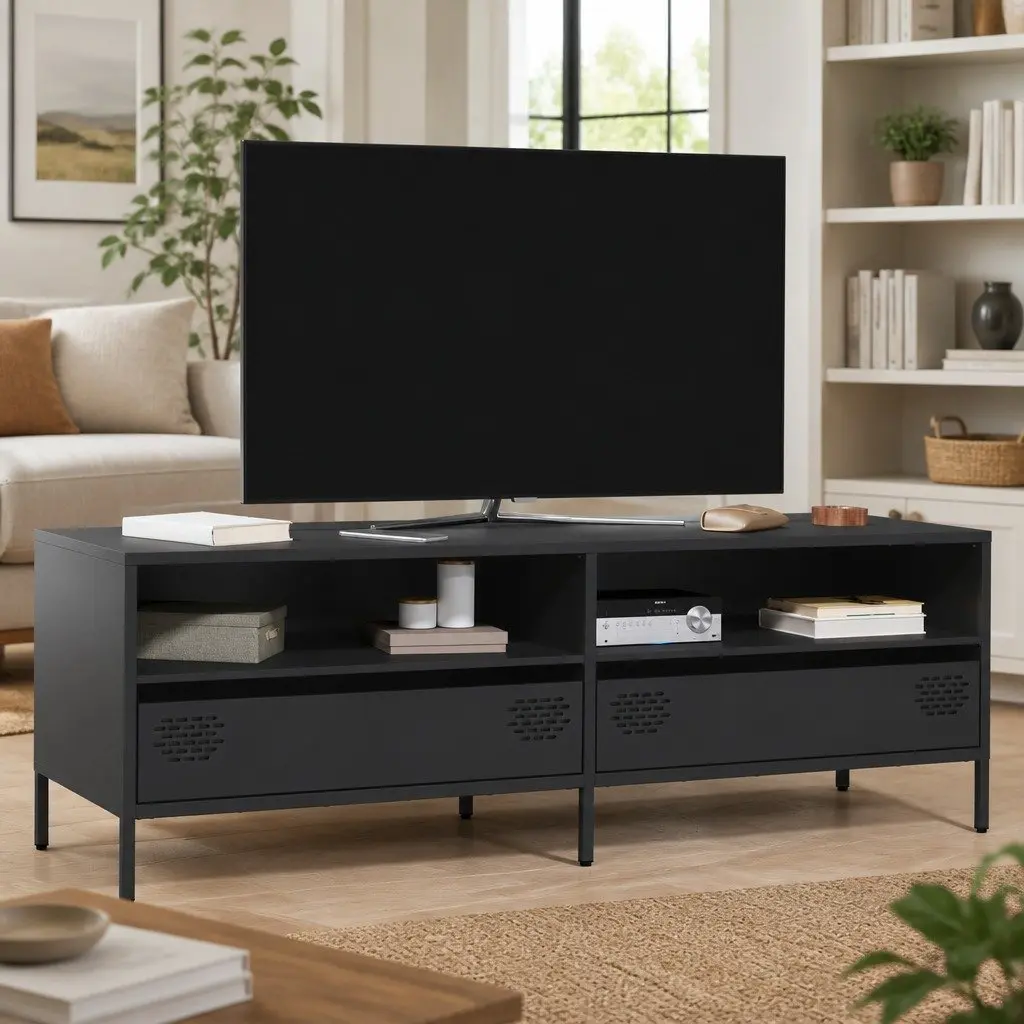 TV Cabinet Black Industrial Style 2 Compartment 2 Drawer Storage Unit