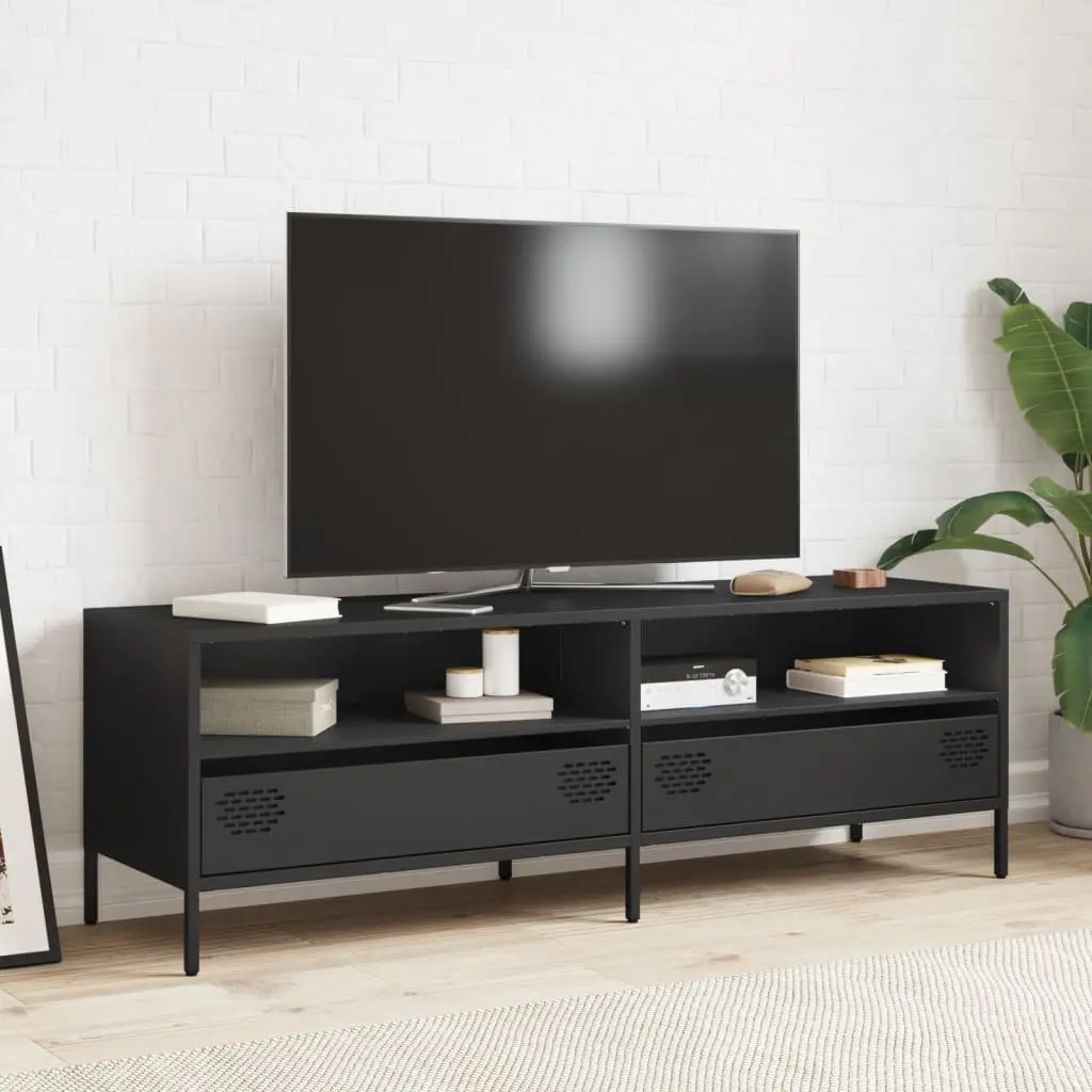 TV Cabinet Black Industrial Style 2 Compartment 2 Drawer Storage Unit