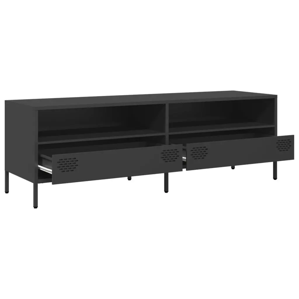 TV Cabinet Black Industrial Style 2 Compartment 2 Drawer Storage Unit