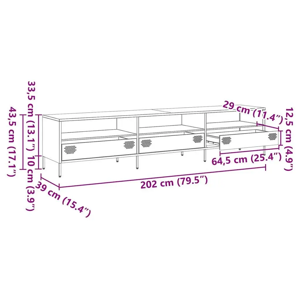TV Cabinet Black Industrial Steel Unit with Storage Drawers Compartments 202cm