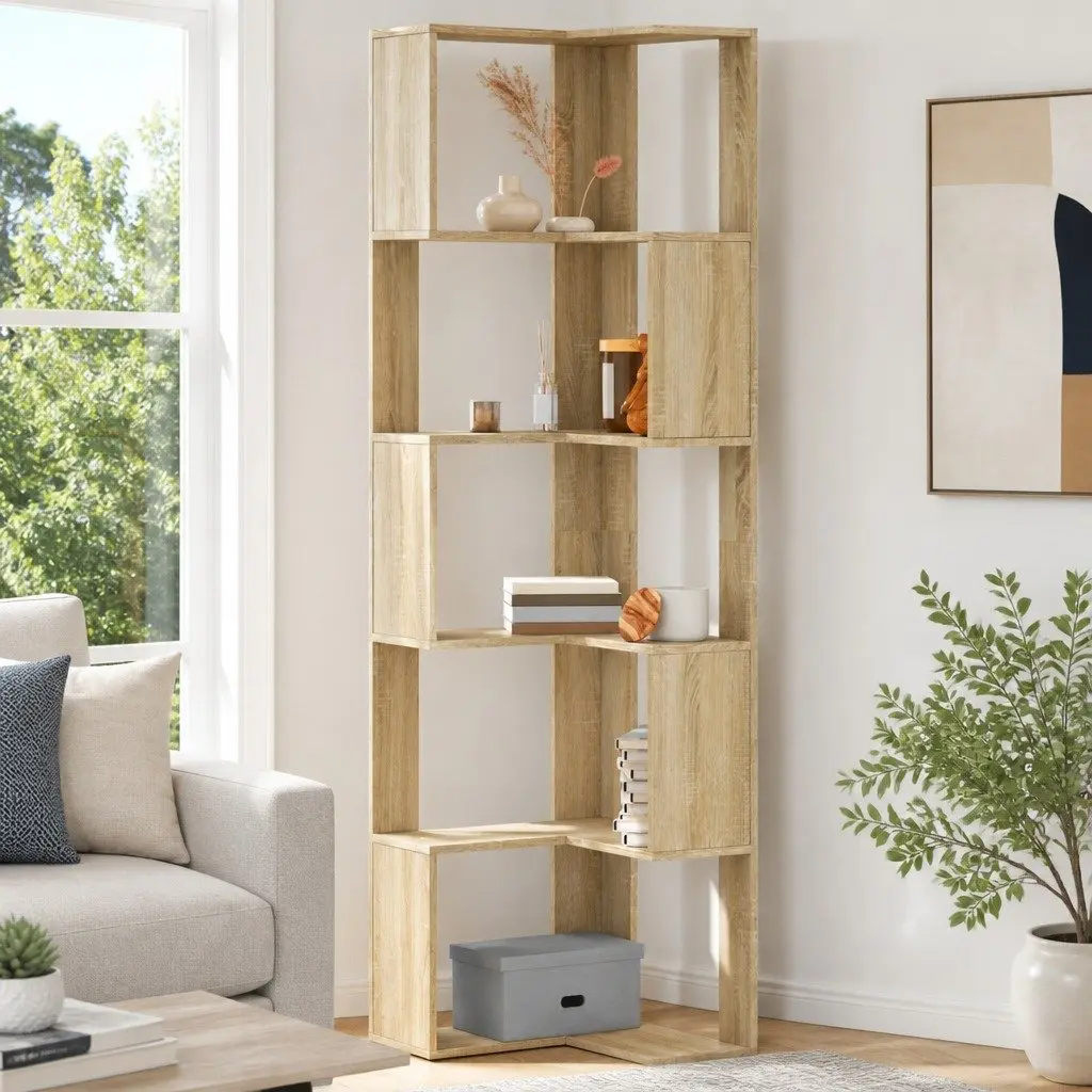 Corner Bookcase Brown 5-Tier Engineered Wood Storage Display Shelf