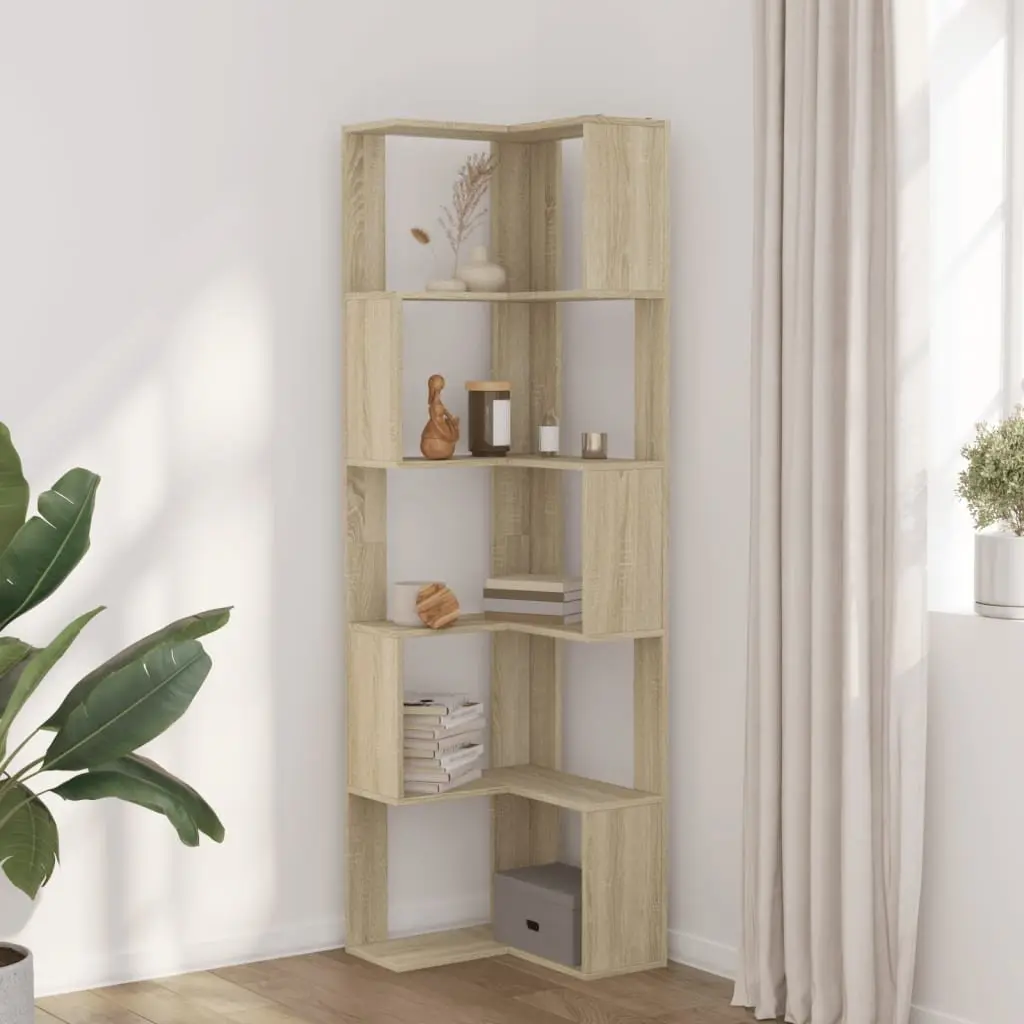 Corner Bookcase Brown 5-Tier Engineered Wood Storage Display Shelf