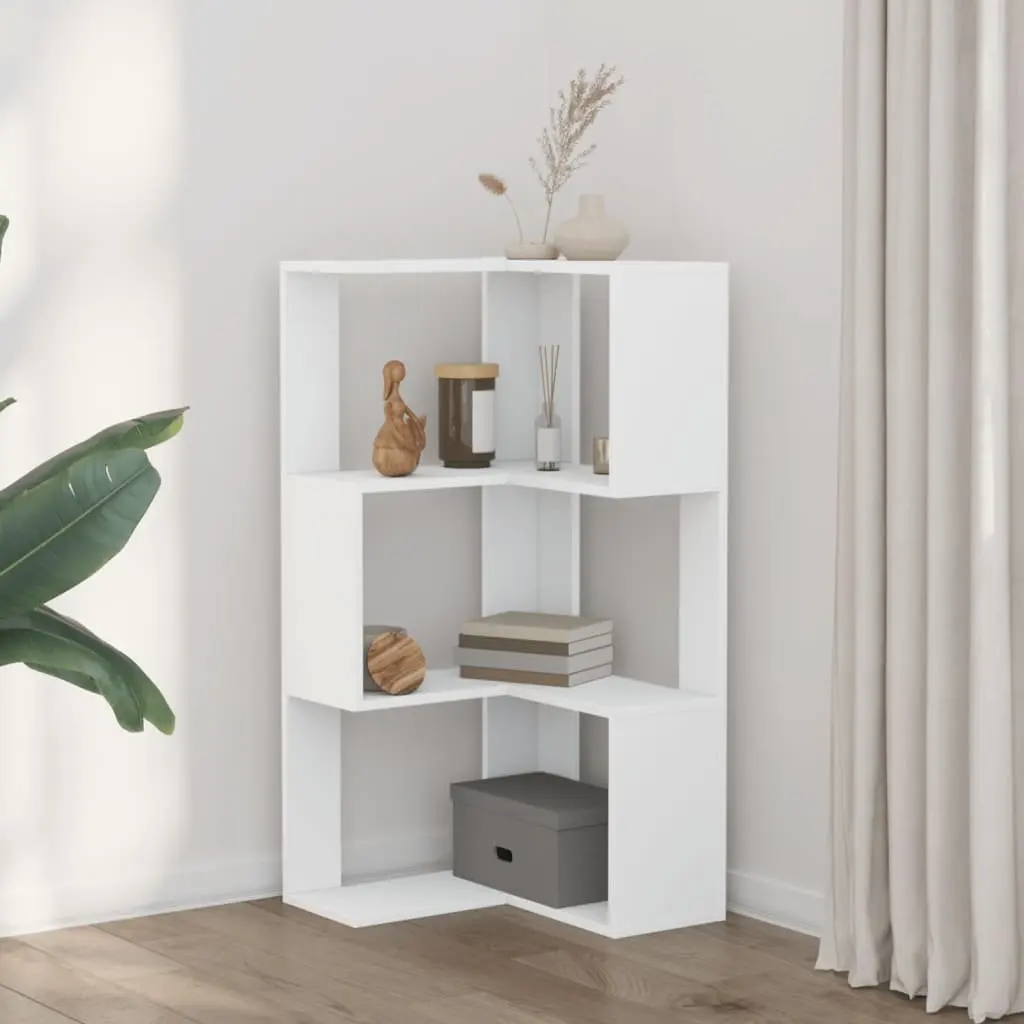 Corner Bookcase White 3-Tier Engineered Wood Storage Shelf Display Unit