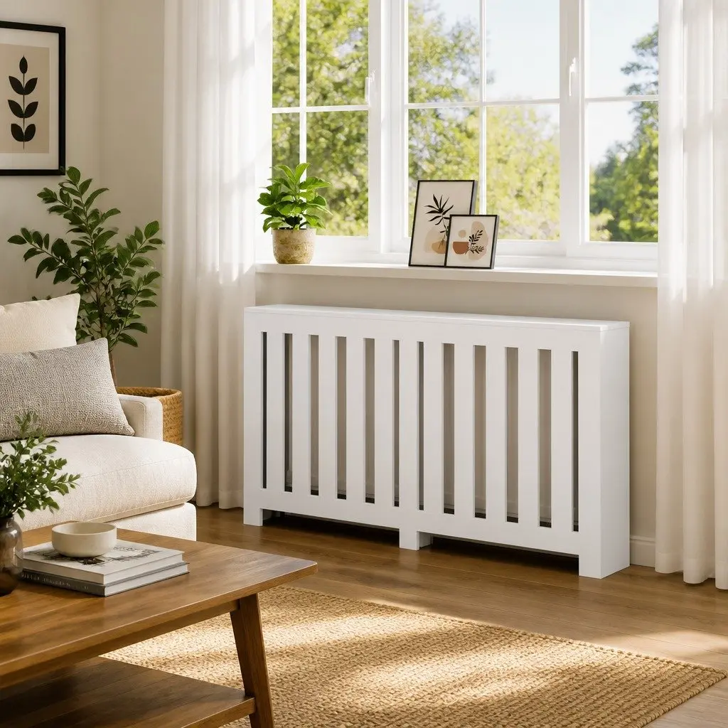 Radiator Cover White 149 x 20 x 82 cm Slatted Cabinet with Shelf Living Room