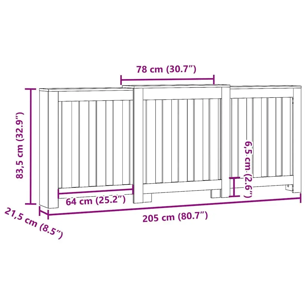 Radiator Cover White 205 x 21.5 x 83.5 cm Slatted Cabinet Shelf Living Room