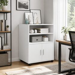 Rolling Cabinet White Storage Organizer Shelves Doors Wheels Home Office