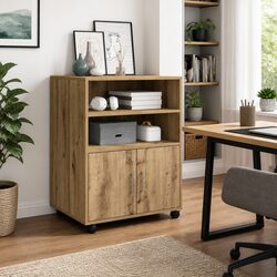 Rolling Cabinet with Shelves and Doors Brown Storage Furniture 60x48x81cm