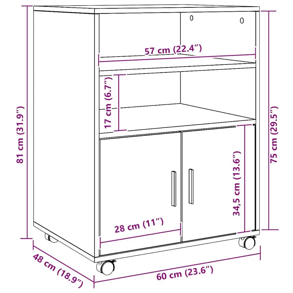 Rolling Cabinet Brown 60x48x81cm Engineered Wood with Shelves and Doors