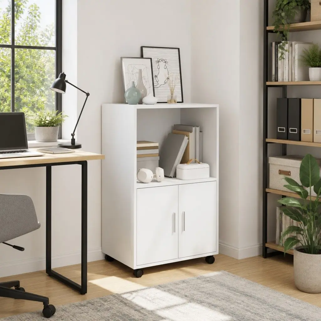 Rolling Cabinet White Engineered Wood 55L x 40W x 91H cm Mobile with Wheels Shelves Doors