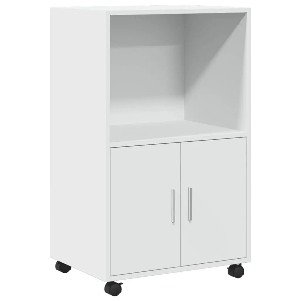 Rolling Cabinet White Engineered Wood 55L x 40W x 91H cm Mobile with Wheels Shelves Doors