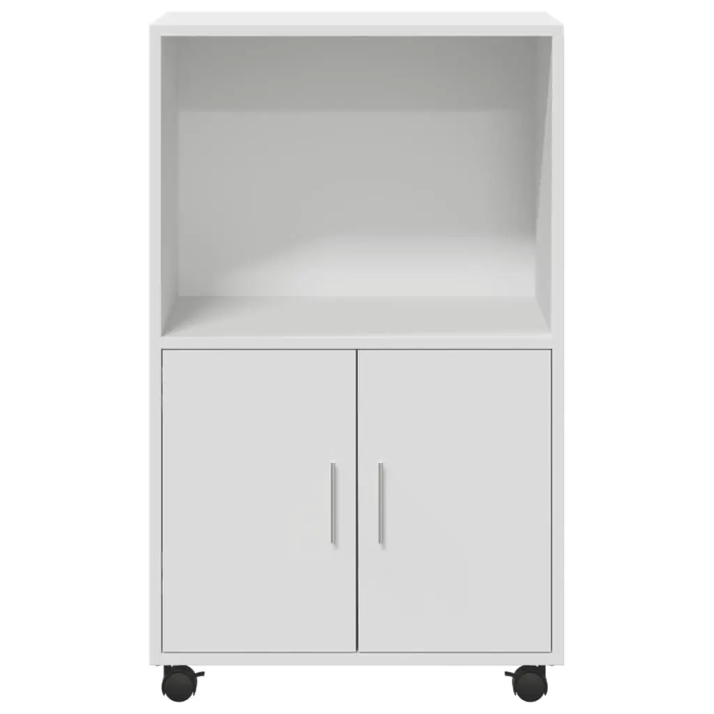 Rolling Cabinet White Engineered Wood 55L x 40W x 91H cm Mobile with Wheels Shelves Doors