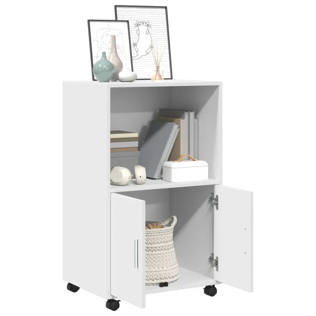 Rolling Cabinet White Engineered Wood 55L x 40W x 91H cm Mobile with Wheels Shelves Doors