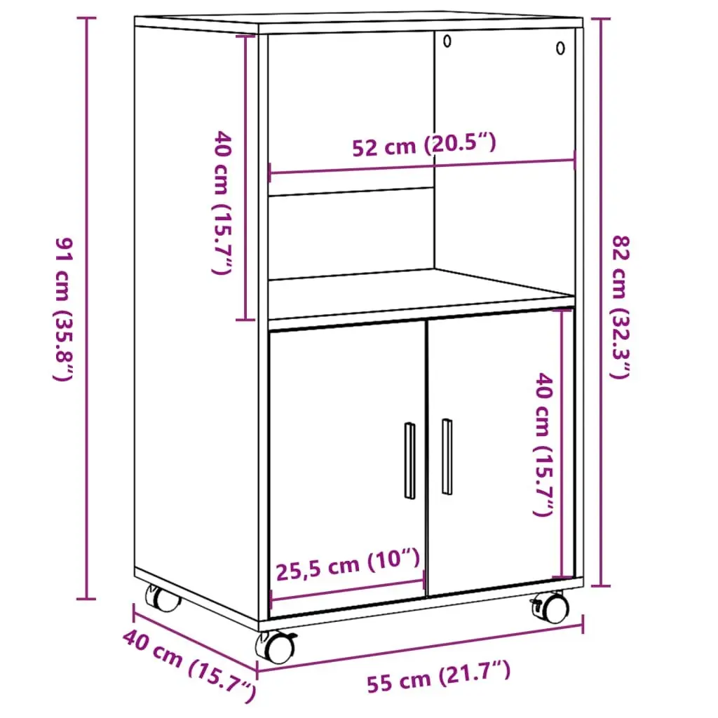 Rolling Cabinet White Engineered Wood 55L x 40W x 91H cm Mobile with Wheels Shelves Doors