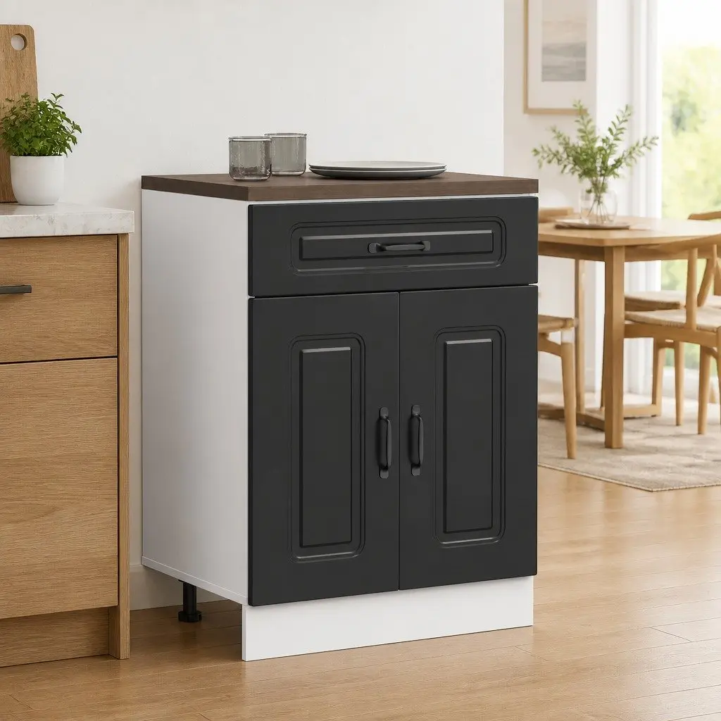 Kitchen Cabinet Black Engineered Wood Adjustable Feet Storage Cupboard