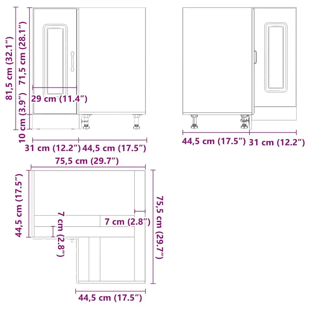 Kitchen Corner Base Cabinet White Engineered Wood Storage Cupboard Adjustable Feet Concealing Doors